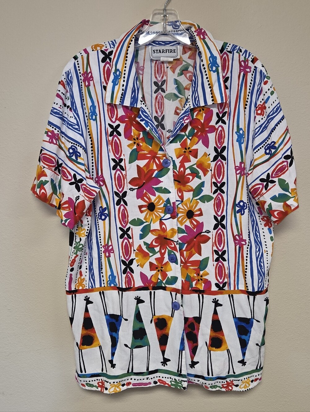 Vintage Starfire Shirt Button Down Multicolor Colorful Sz 14 Rayon Artistic